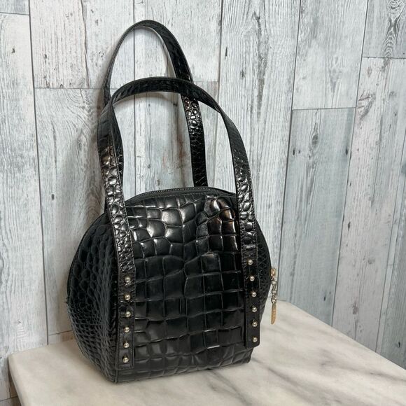 Rodo 1980s Vintage Black Faux Croc Embossed Patent Leather  Rodo Vintage Black Croc Embossed Leather Studded Bowler Bag Classy Luxurious